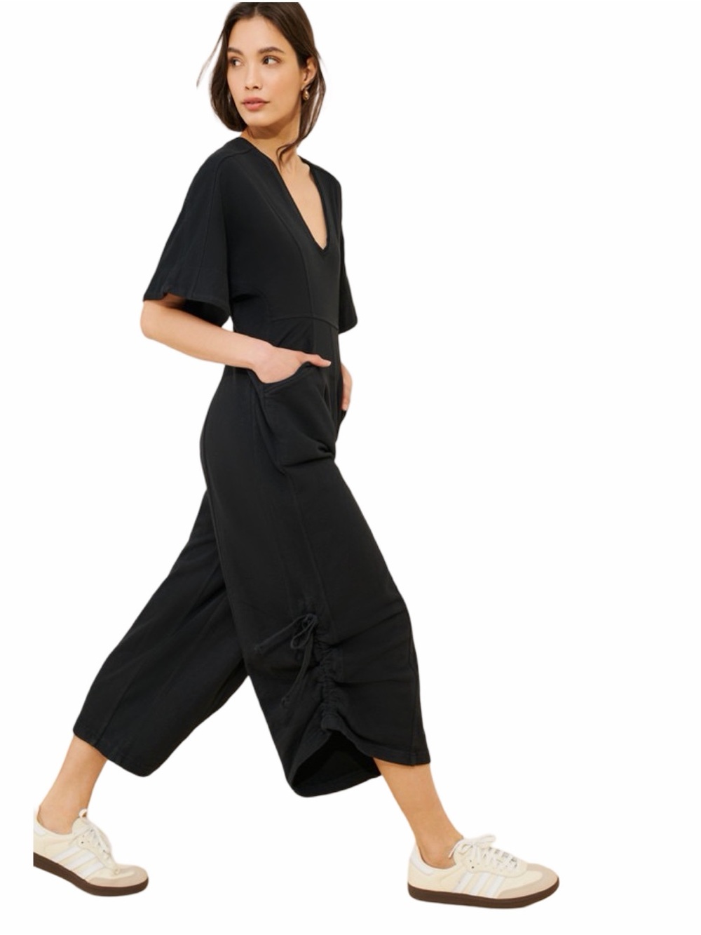 Anthropologie Daily Practice Black V-Neck Short-Sleeve Wide-Leg Jumpsuit